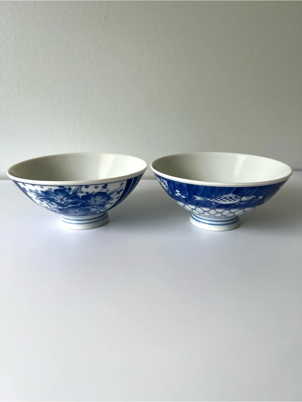 Vintage Pier 1 Blue & White Footed Porcelain Bowls for Rice / Soup, 2pc Set